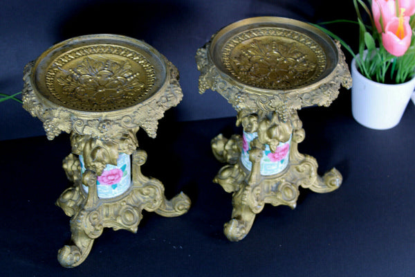 PAIR bronze porcelain Standing vide poche trays floral decor