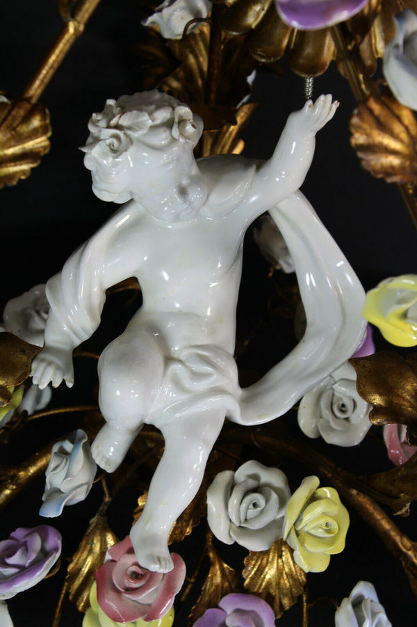 Rare antique MEtal porcelain flowers putti cherub 3 arm chandelier lamp rare