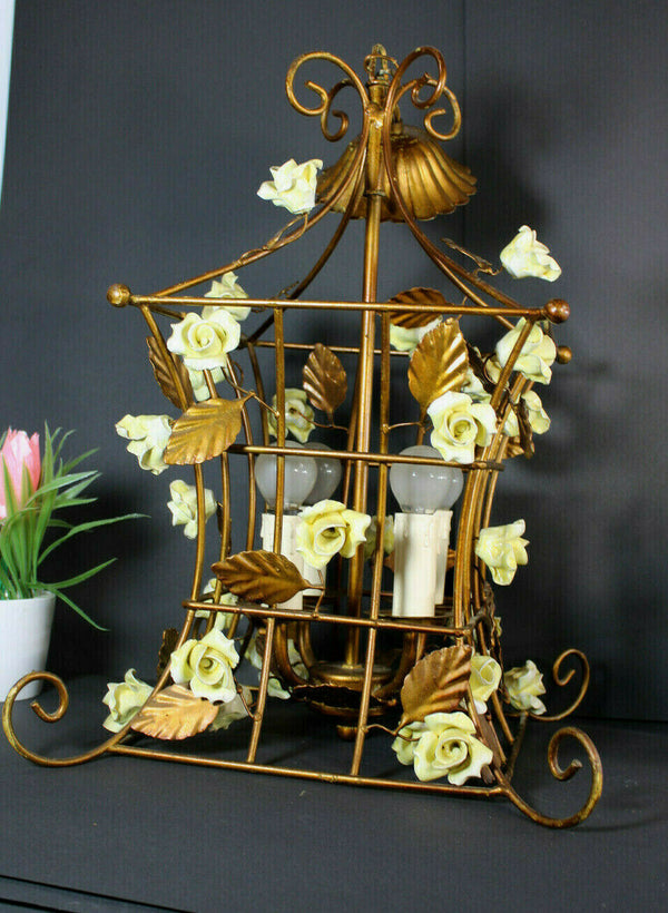 Vintage french Caged metal yellow rose porcelain flowers chandelier lamp rare