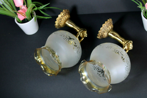 PAIR maison jansen bronze hand sconces wall lights glass shades mid century