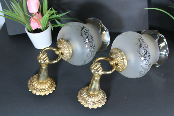 PAIR maison jansen bronze hand sconces wall lights glass shades mid century