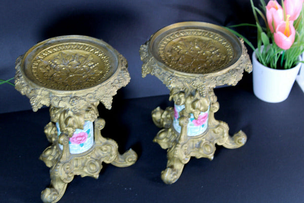 PAIR bronze porcelain Standing vide poche trays floral decor