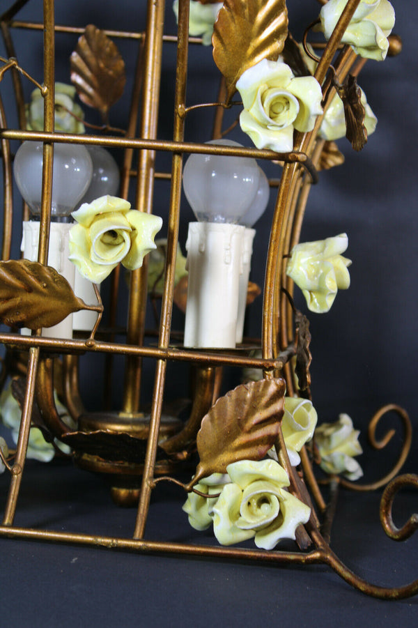 Vintage french Caged metal yellow rose porcelain flowers chandelier lamp rare