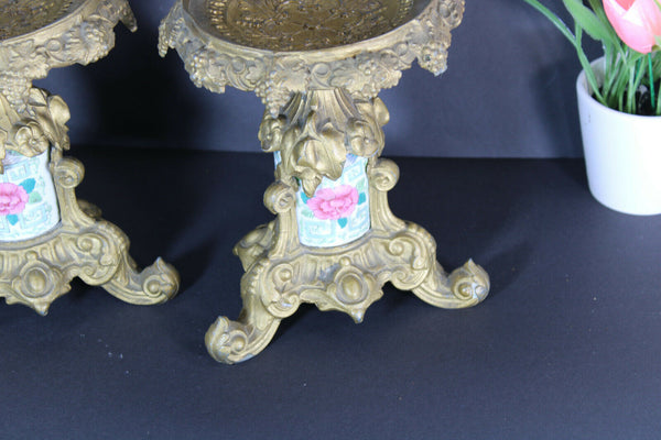 PAIR bronze porcelain Standing vide poche trays floral decor