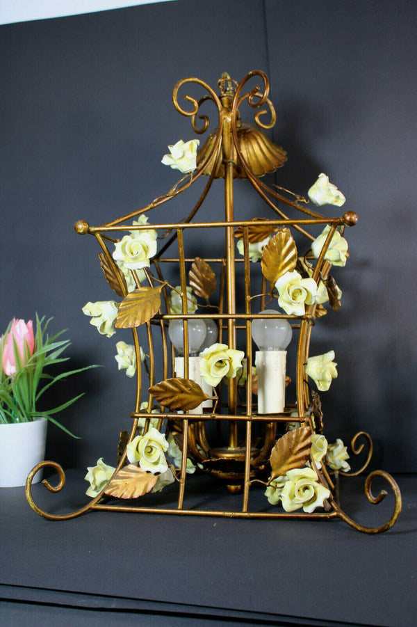 Vintage french Caged metal yellow rose porcelain flowers chandelier lamp rare