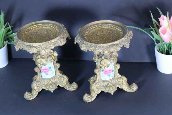 PAIR bronze porcelain Standing vide poche trays floral decor