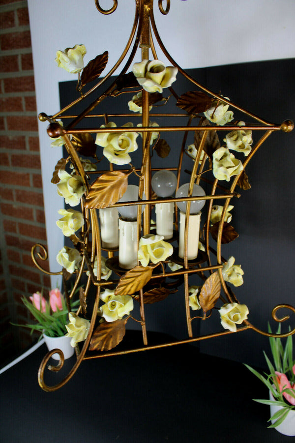 Vintage french Caged metal yellow rose porcelain flowers chandelier lamp rare