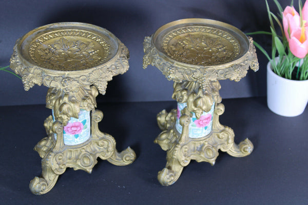 PAIR bronze porcelain Standing vide poche trays floral decor