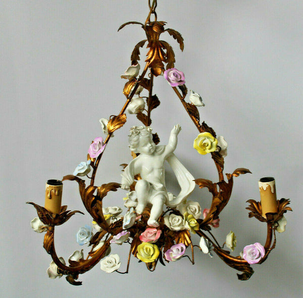 Rare antique MEtal porcelain flowers putti cherub 3 arm chandelier lamp rare