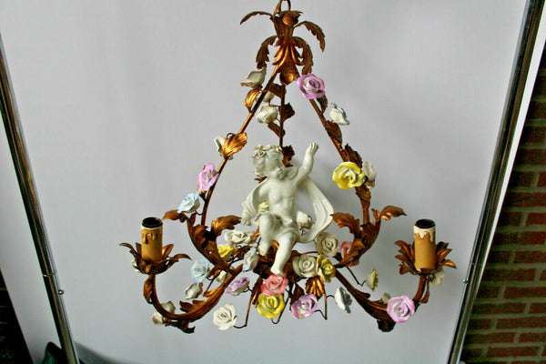 Rare antique MEtal porcelain flowers putti cherub 3 arm chandelier lamp rare