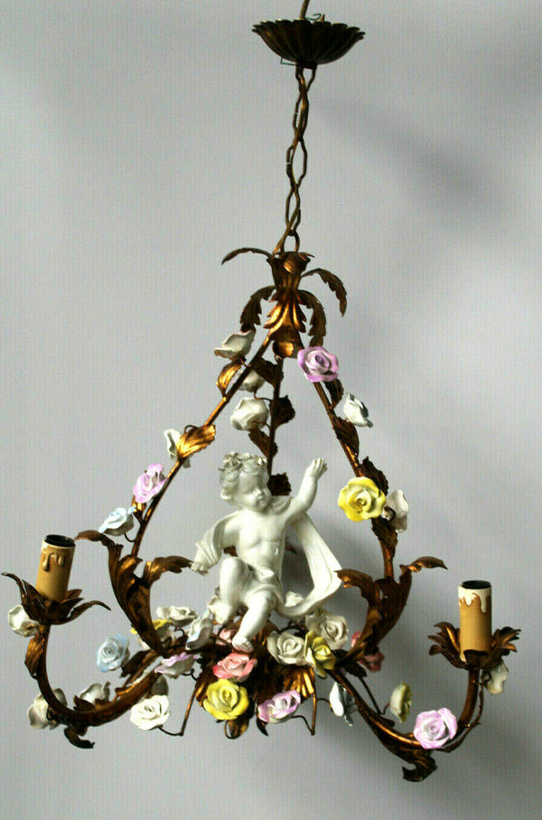 Rare antique MEtal porcelain flowers putti cherub 3 arm chandelier lamp rare