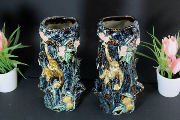 PAIR vintage barbotine majolica monkey  vases