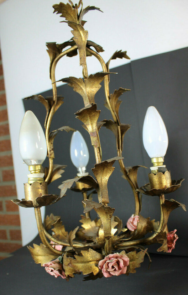 Small Mid century Metal gold gilt porcelain roses chandelier lamp