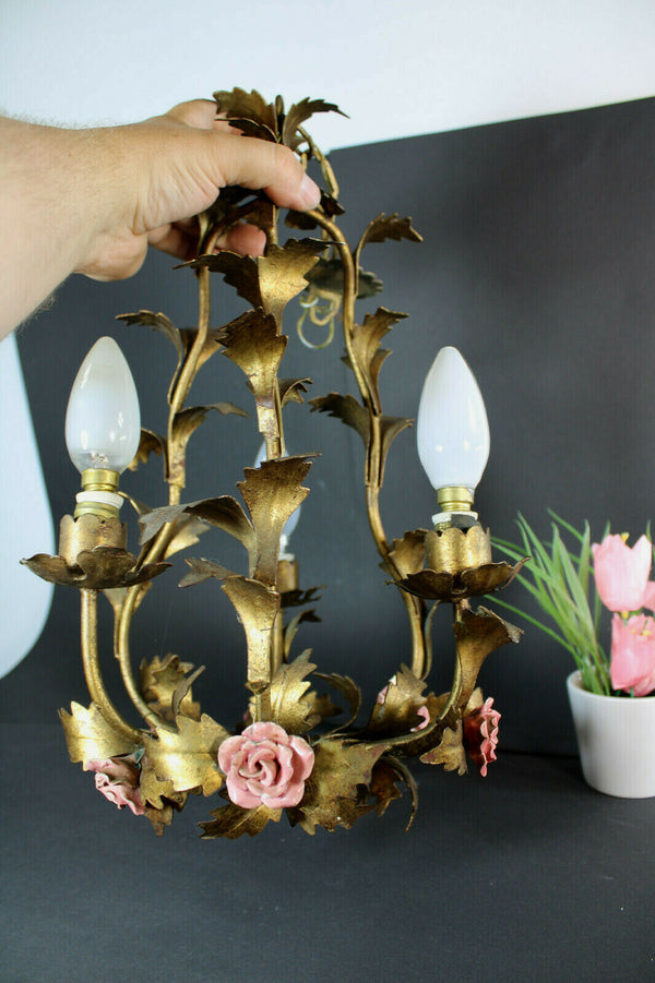 Small Mid century Metal gold gilt porcelain roses chandelier lamp