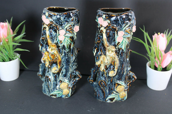 PAIR vintage barbotine majolica monkey  vases