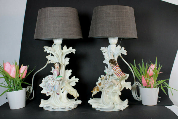 Antique french vieux paris porcelain Figural sheep goat table lamps