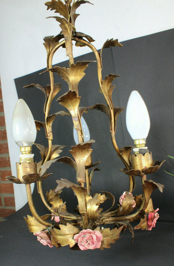 Small Mid century Metal gold gilt porcelain roses chandelier lamp