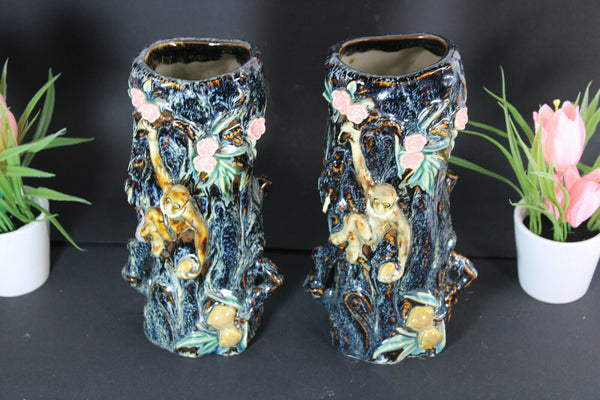 PAIR vintage barbotine majolica monkey  vases