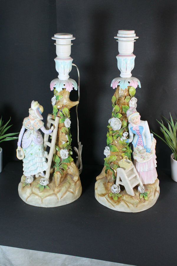 PAIR antique german porcelain figurine Table lamps romantic