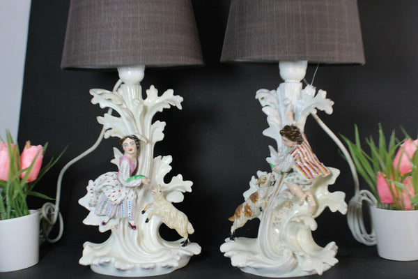 Antique french vieux paris porcelain Figural sheep goat table lamps