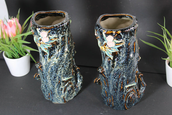 PAIR vintage barbotine majolica monkey  vases