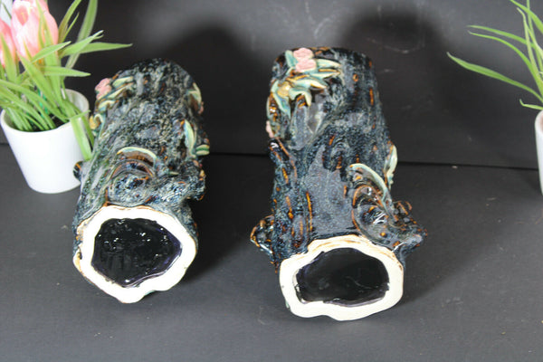 PAIR vintage barbotine majolica monkey  vases