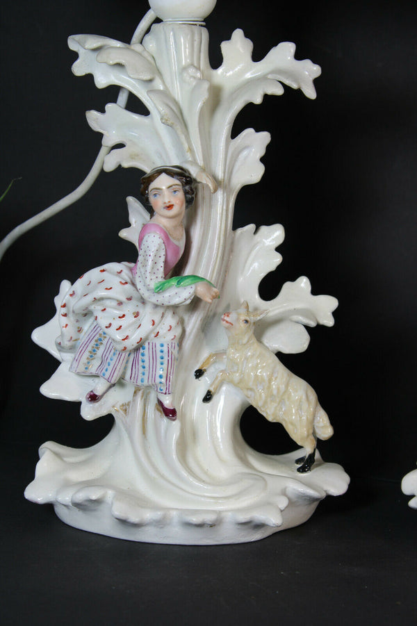 Antique french vieux paris porcelain Figural sheep goat table lamps