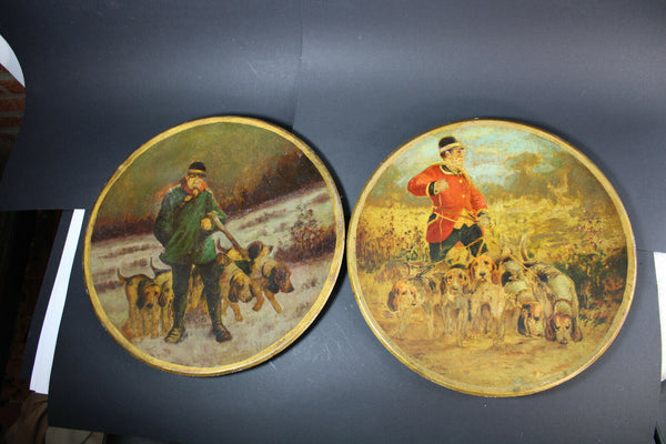 Antique PAIR Metal plates oil paintings by ALbert de Gesne hunting signed