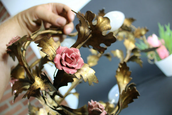 Small Mid century Metal gold gilt porcelain roses chandelier lamp