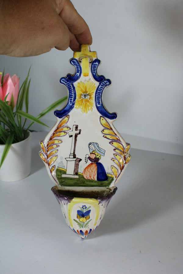 Antique quimper French faience holy water font religious rare