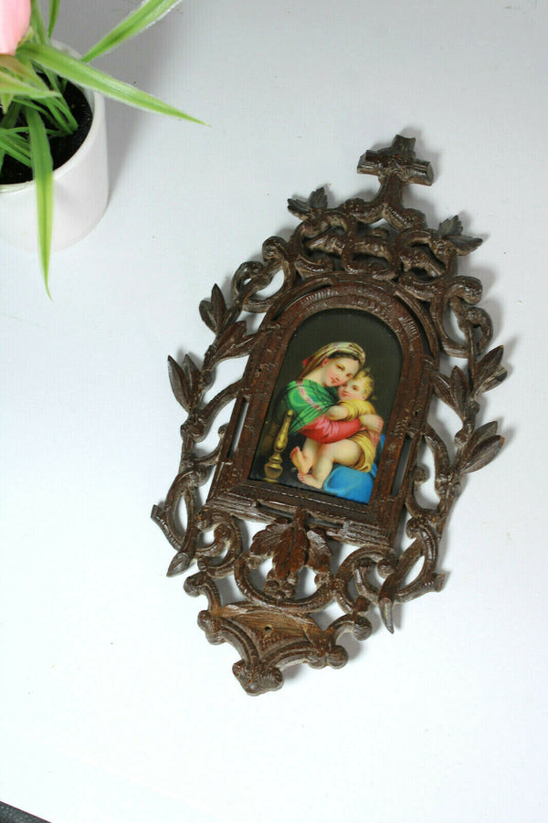 Antique black forest wood carved religious wall plaque porcelain madonna