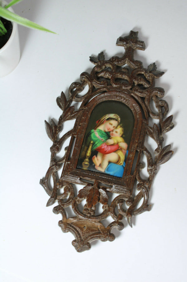 Antique black forest wood carved religious wall plaque porcelain madonna