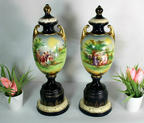 Antique english hand paint faience porcelain Romantic vases rare