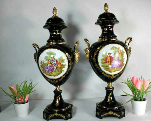 LArge Limoges porcelain Cobalt Vases satyr heads romantic victorian scene