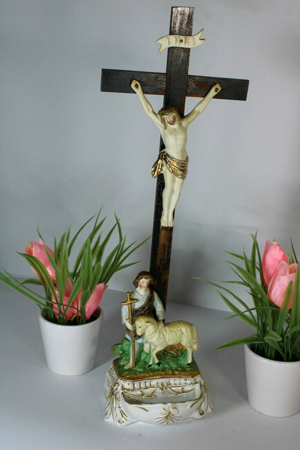 Antique Rare vieux andenne porcelain crucifix holy water font john the baptist