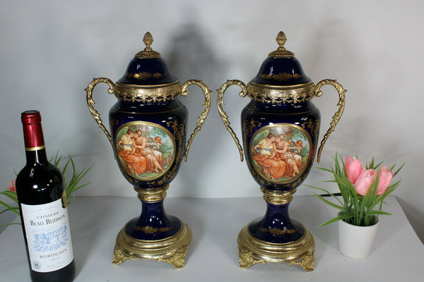 PAIR French limoges porcelain cobalt blue victorian scene vases