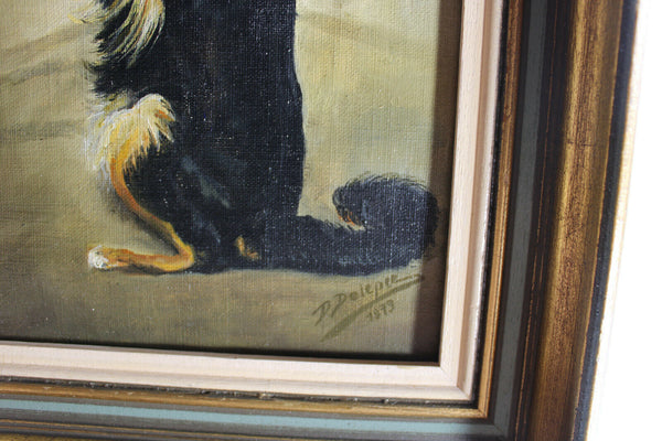 Vintage Flemish oil canvas painting Dog portrait signed 1979