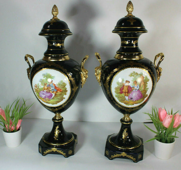 LArge Limoges porcelain Cobalt Vases satyr heads romantic victorian scene