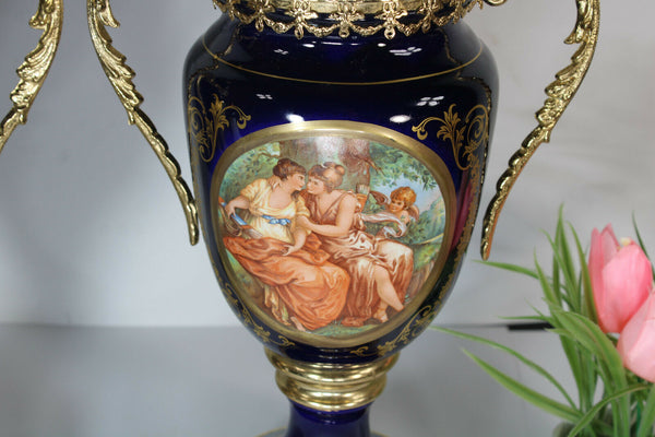 PAIR French limoges porcelain cobalt blue victorian scene vases