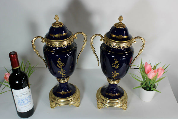 PAIR French limoges porcelain cobalt blue victorian scene vases