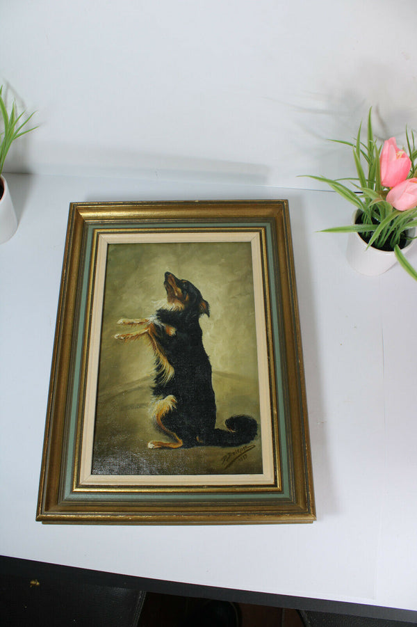 Vintage Flemish oil canvas painting Dog portrait signed 1979