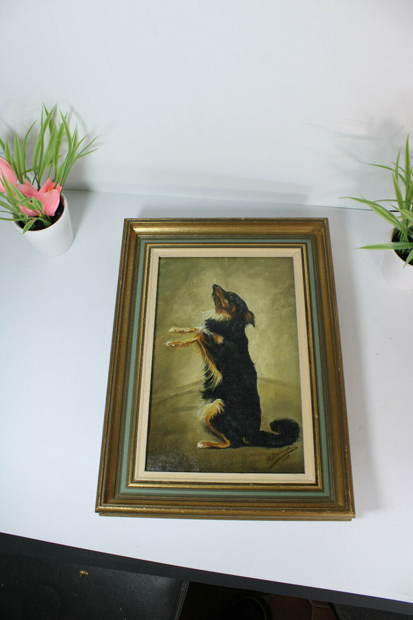 Vintage Flemish oil canvas painting Dog portrait signed 1979