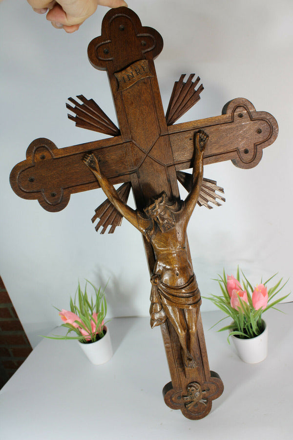 Antique large french wood carved wall crucifix cross religious