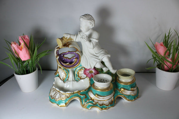 Rare antique french vieux paris porcelain inkwell bisque putti cherub