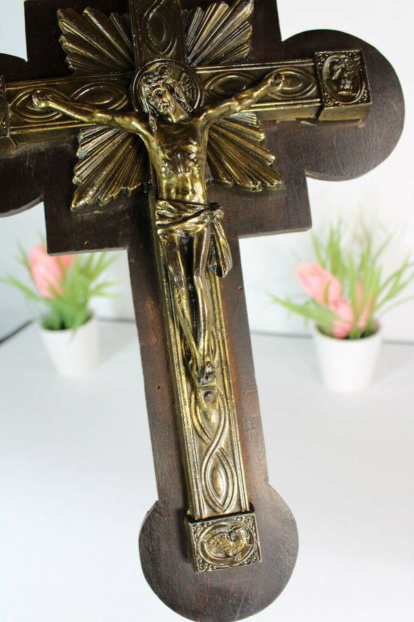 Antique French bronze Wood crucifix cross 4 evangelists religious