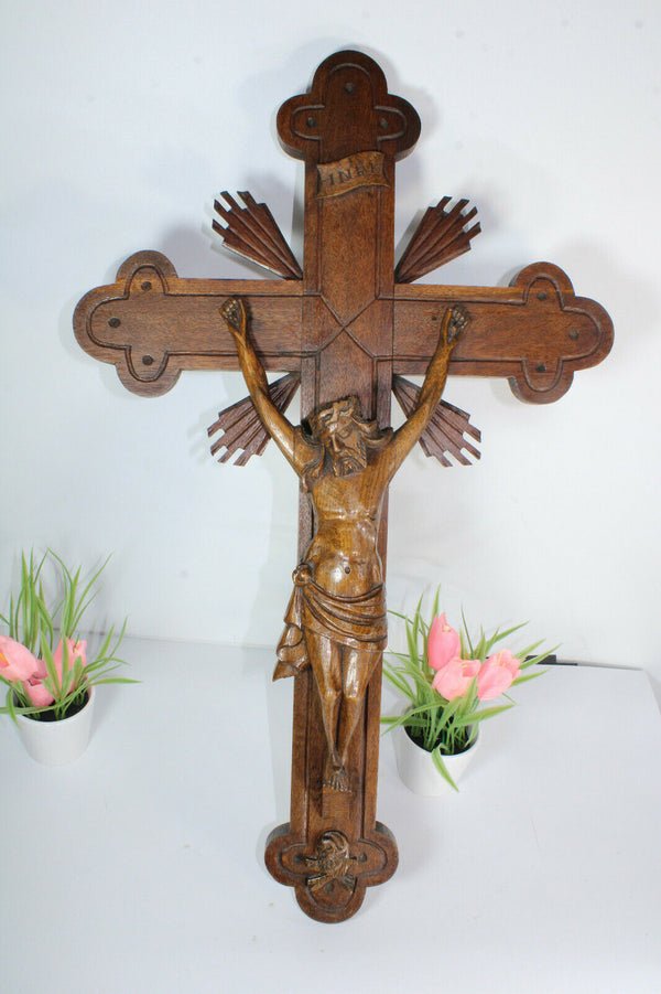 Antique large french wood carved wall crucifix cross religious