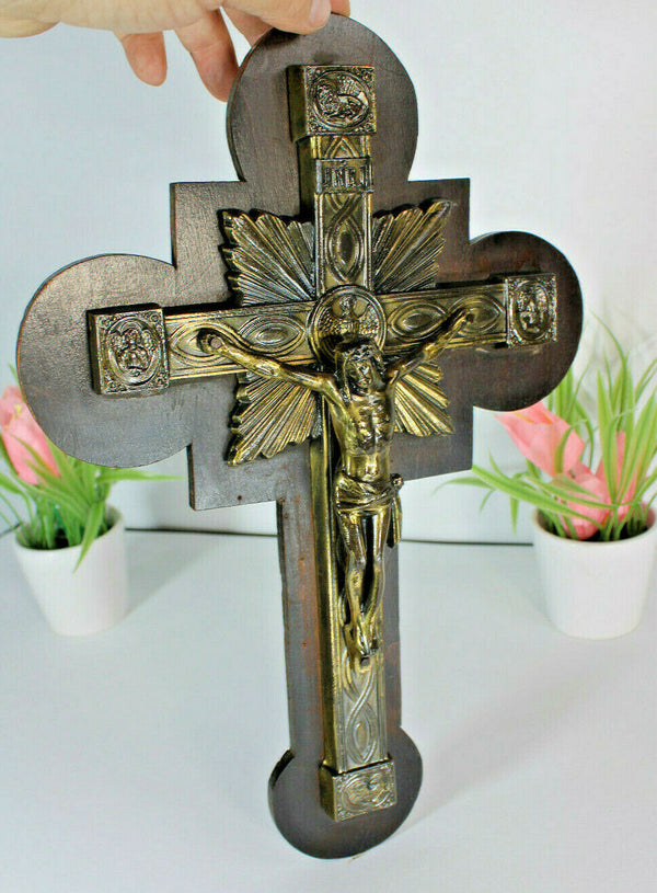 Antique French bronze Wood crucifix cross 4 evangelists religious
