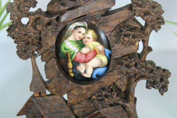 Antique german black forest wood  holy water font crucifix porcelain madonna