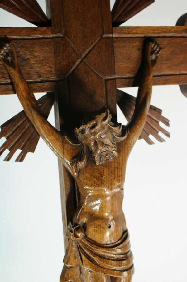 Antique large french wood carved wall crucifix cross religious