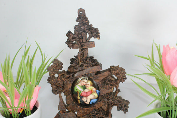 Antique german black forest wood  holy water font crucifix porcelain madonna